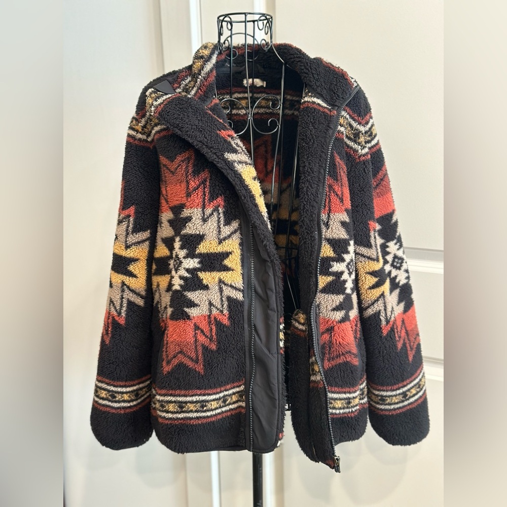 Faherty Fleece Jacket, Men Size S Black, Orange and Yellow